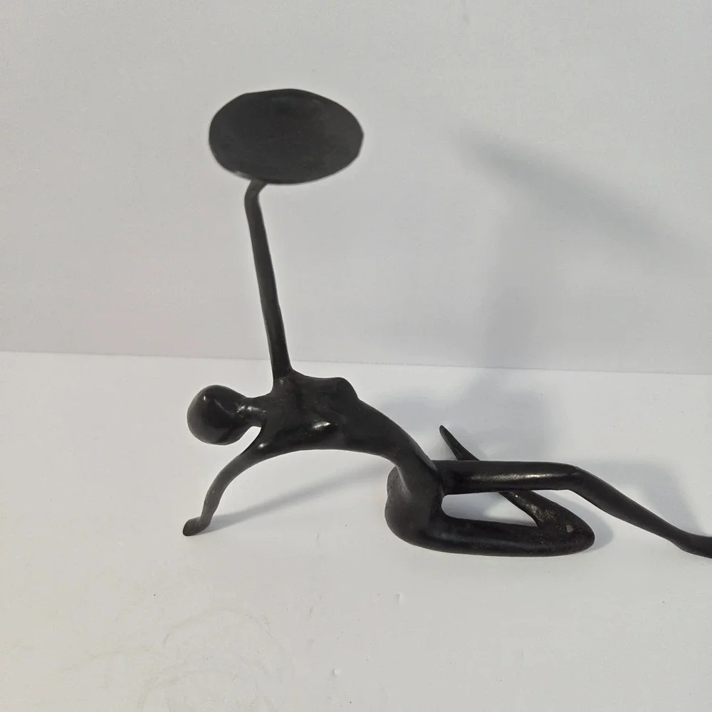 Vintage Bronze Finish Metal Reclining Female Figure Candle Holder Sculpture 10